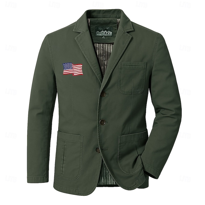 Men's American US Flag Blazer Cotton Suit Jacket Suits Coat Casual Outdoor Dailywear Multiple Pockets Three Button Stripe Lined Suit Jacket Fall Winter Notch lapel collar Long Sleeve Black khaki Army