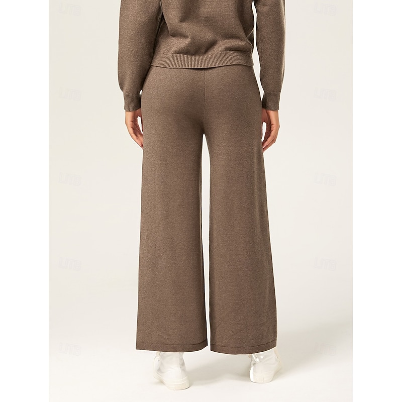 Women's Coffee Brown Straight-Leg Sweater Pants Elastic Waist Patch Pocket Casual Stylish Comfortable Daily Fall2