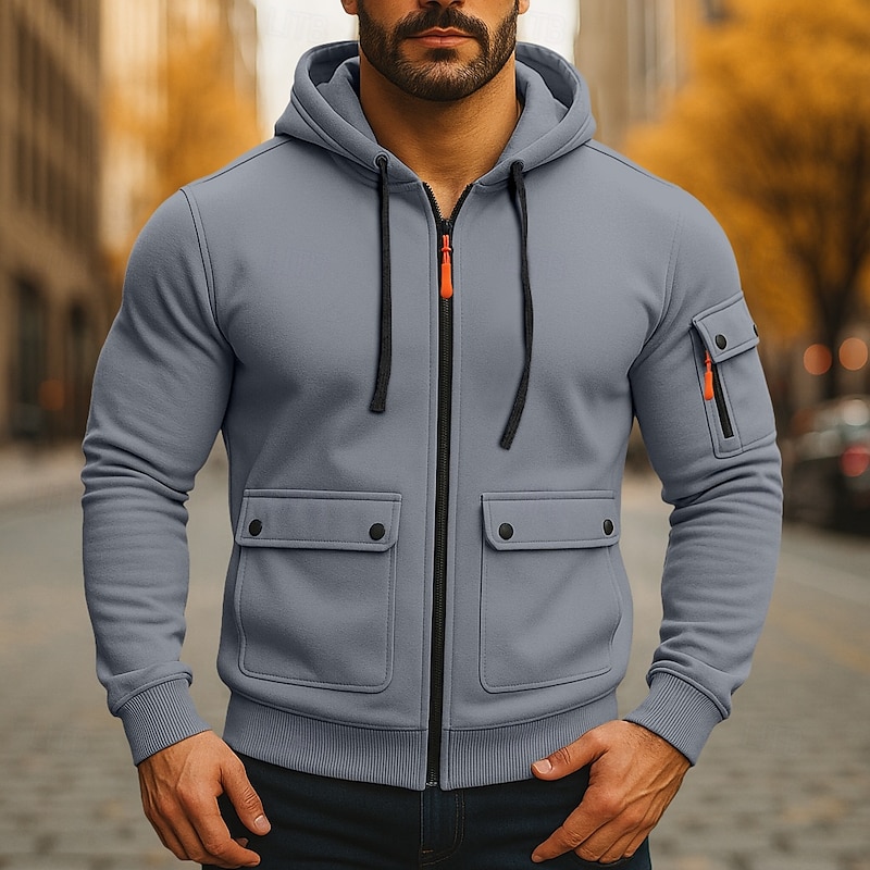 Men's Hoodie Full Zip Hoodie Fleece Hoodie Tactical Hoodie Black Army Green Navy Blue Khaki Light Grey Hooded Plain Zipper Sports & Outdoor Casual Daily Streetwear Cool Sportswear Spring &  Fall3
