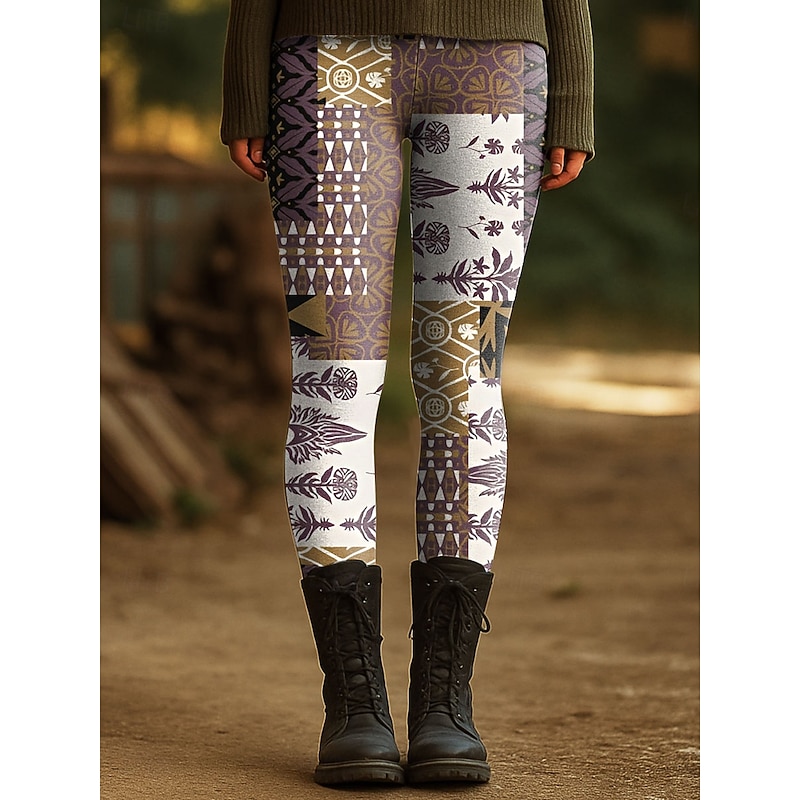 Women's Leggings Vacation Vintage Fashion Ankle-Length High Waist Graphic Abstract Geometic Printing Thermal Warm Soft Breathable Stretchy Outdoor Vacation Street Yellow Purple Green Spring Fall