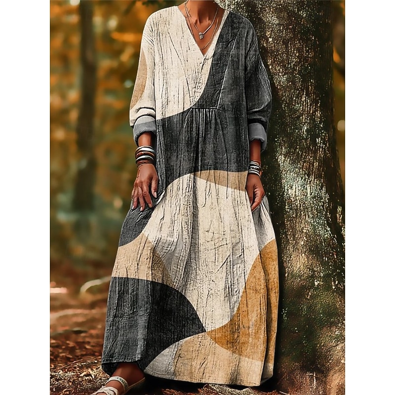 Women's Maxi Dress Sundress A Line Dress Vacation Casual Boho Party Holiday Beach Loose Fit Graphic Geometric Abstract Long Sleeve V Neck Dark Brown Dark Red Red Light Brown Spring Fall4