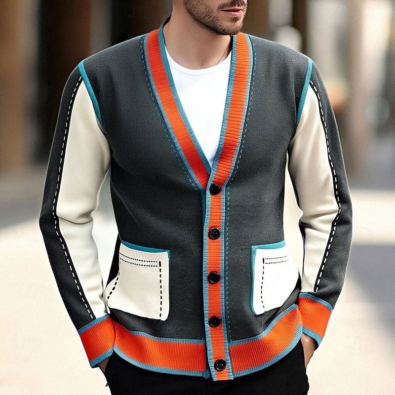 Men's Cardigan Sweater Cropped  Sweater Knit Sweater Ribbed Knit Regular Tops Pocket Buttons Color Block V Neck Fashion Classic Vacation Daily Wear Clothing Apparel Fall Winter Black khaki M L XL2