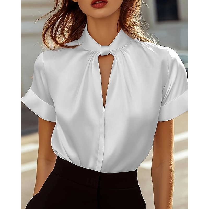 Women's Shirt Blouse Plain Stylish Modern Short Sleeve V Neck Regular Tops Holiday Going out Cut Out Black White Red Navy Blue Fall - Main Image