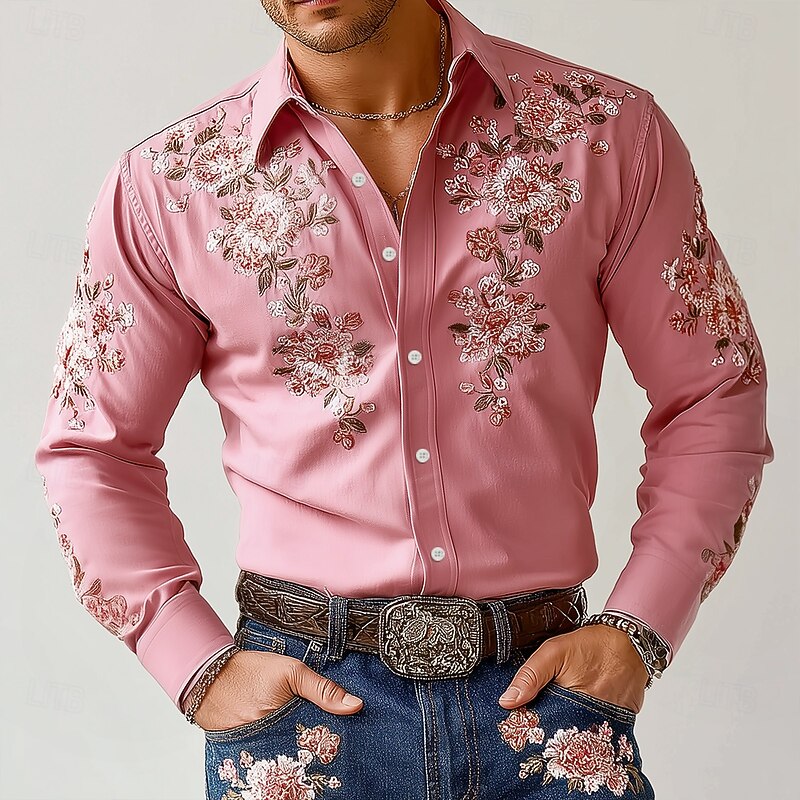 Men's Floral Print Flowers Shirt Western Shirt Cowboy Shirt Long Sleeve Vintage Retro Outdoor Vacation Spring Fall Turndown 3D Print Linen Like Shirt Pink Blue Purple Green Khaki