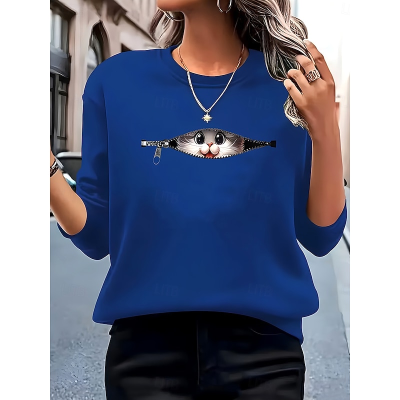 Women's Pullover Sweatshirt Graphic Animal Cat Warm Active Vintage Long Sleeve Crew Neck Regular Tops Street Dailywear Casual Patchwork Print Black Red Blue Light Grey Spring Fall Winter2