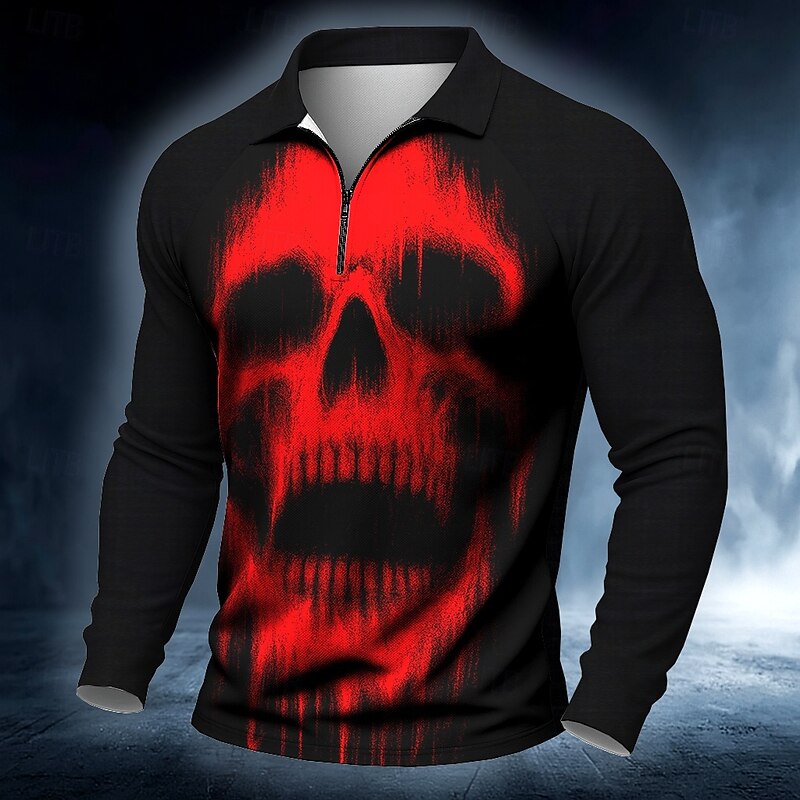Halloween Men's Skull Skulls Polo Long Sleeve Polo Shirts Casual Dark Outdoor Street Daily Wear 3D Print Quarter Zip Polo Spring Fall Winter White Red Blue2