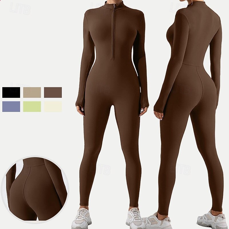 Women's Workout Jumpsuit One Piece Romper Zip Up Solid Color Bodysuit Black White Gym Pilates Yoga Tummy Control Long Sleeve Sport Activewear Tight Fit