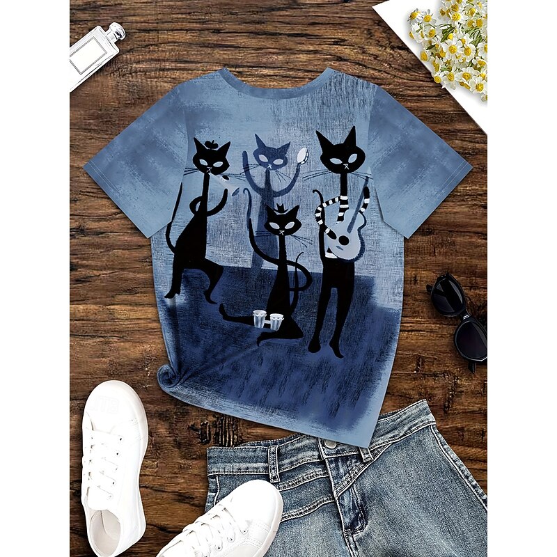 Women's T Shirt Graphic Animal Cat Vintage Stylish Classic Short Sleeve Crew Neck Round Neck Regular Tops Daily Weekend Print Dusty Blue Summer Spring Fall3