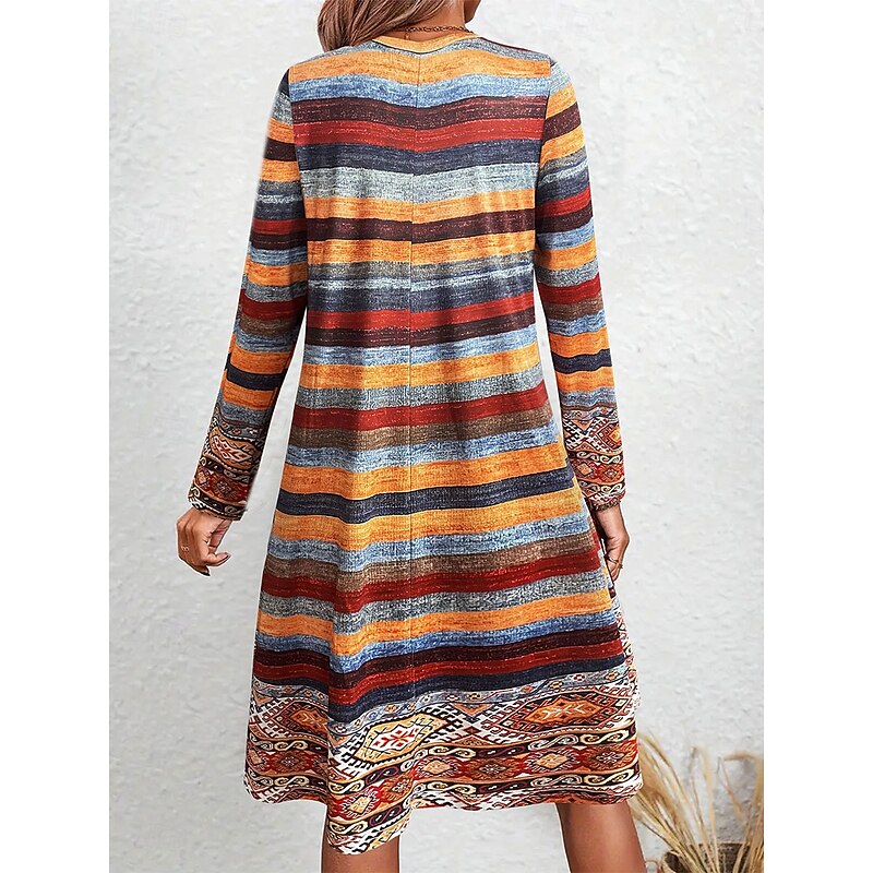 Women's Knee Length Dress Knit Dress Casual Dress T Shirt Dress Tee Dress A Line Dress Casual Regular Fit Graphic Geometric Stripe Long Sleeve Crew Neck Orange Spring Fall Winter2