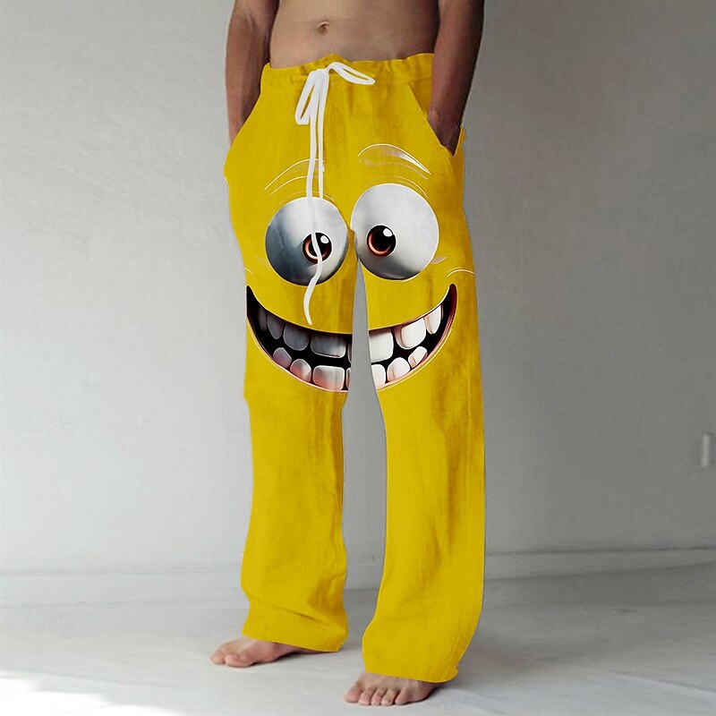 Men's 3D Cartoon Smile Face Big Eyes Trousers Baggy Pants Casual Pants Mid Waist Funny Outdoor Vacation Elastic Drawstring Waist Linen-Like Pants with Pockets Summer Spring Fall 3D Print Black Yellow3