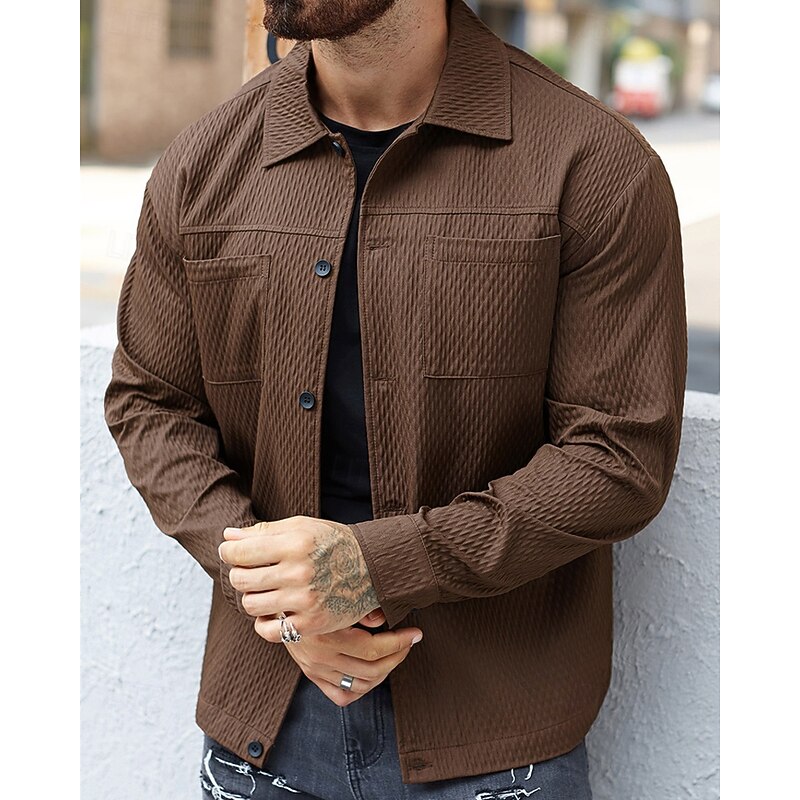 Men's Lightweight Jacket Casual Jacket Vacation Daily Breathable Jacquard Pocket Spring Fall Plain Fashion Classic Lapel Regular Dark Green Brown Jacket3