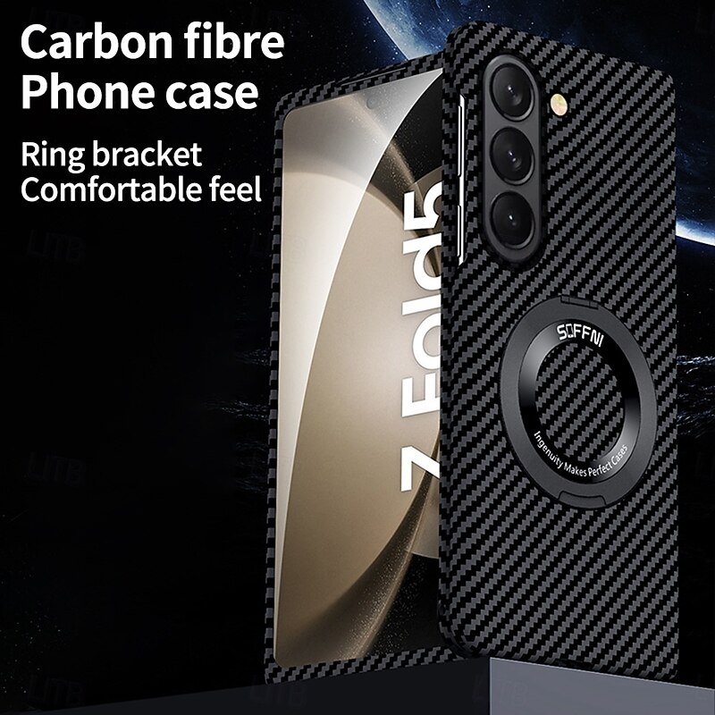 Phone Case For Samsung Galaxy Z Fold 7 Z Fold 5 Z Fold 4 Back Cover Support Wireless Charging Ring Buckle Shockproof Retro Carbon Fiber3