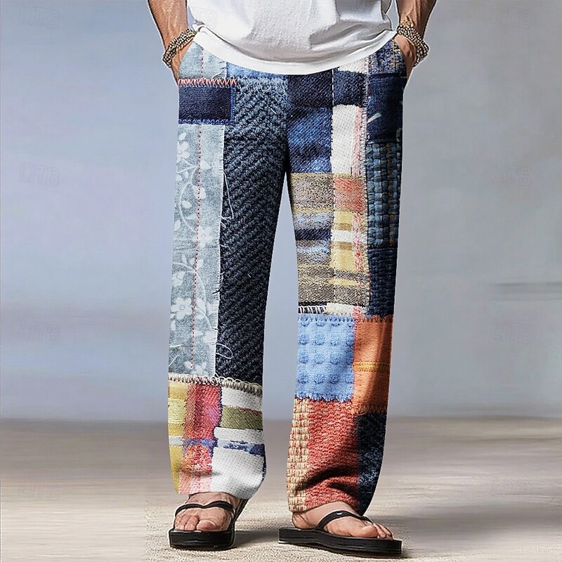 Men's Color Block Patchwork Pants Trousers Casual Pants Mid Waist Drawstring Elastic Waist Bohemian Vintage Retro Outdoor Vacation Straight Leg Trousers Spring Fall 3D Print Blue Orange