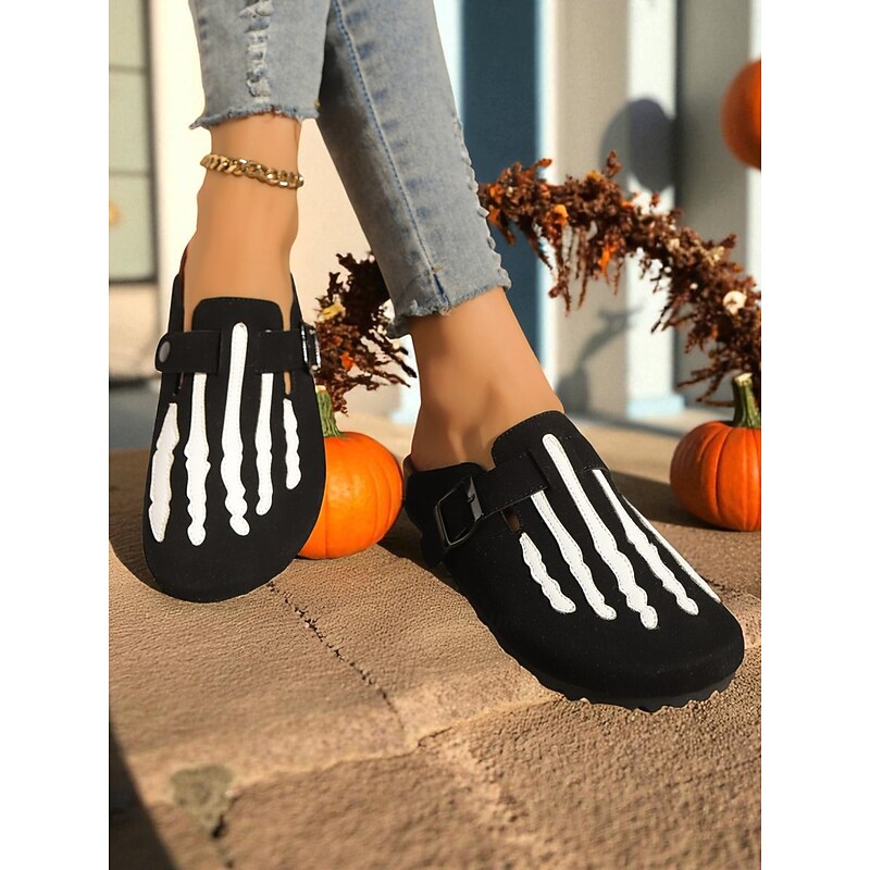Women's Skeleton Footprint Slip-On Clogs – Halloween-Themed Black and White Mule Shoes with Bone Print Design, Casual and Comfortable for Fall Festivals and Spooky Season Outfits4