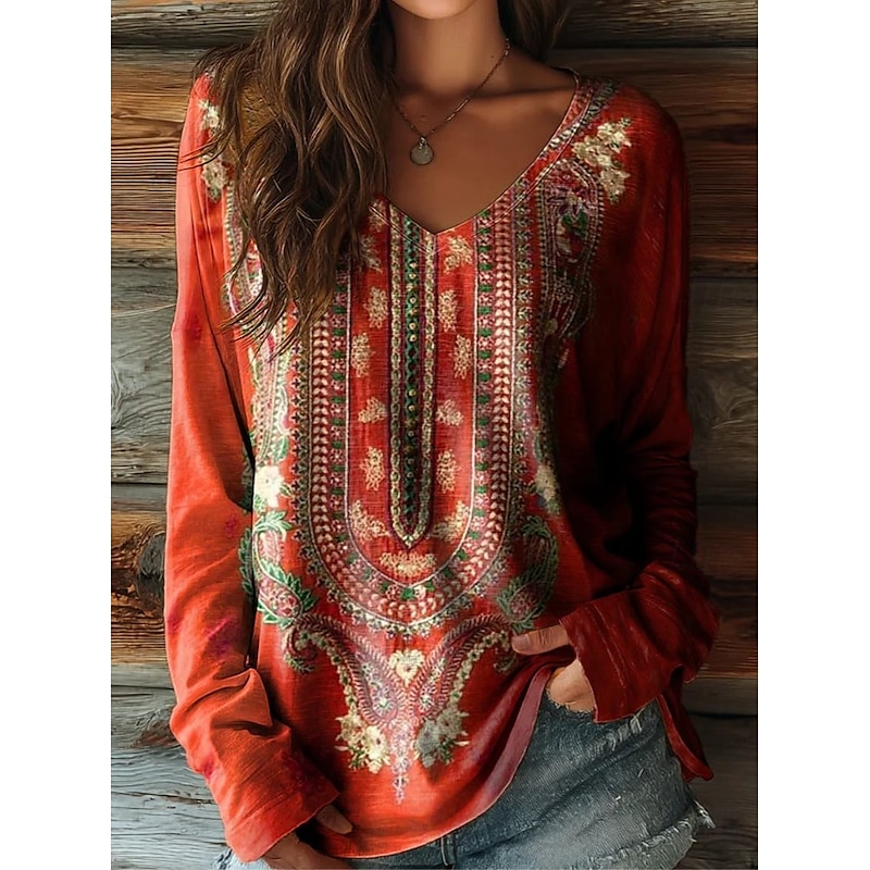 Women's T shirt Long Sleeve Floral Graphic Plants Vintage Stylish Casual Long Sleeve V Neck Regular Tops Daily Weekend Print Sage Green Pink Red Purple Green Spring Fall Prefall