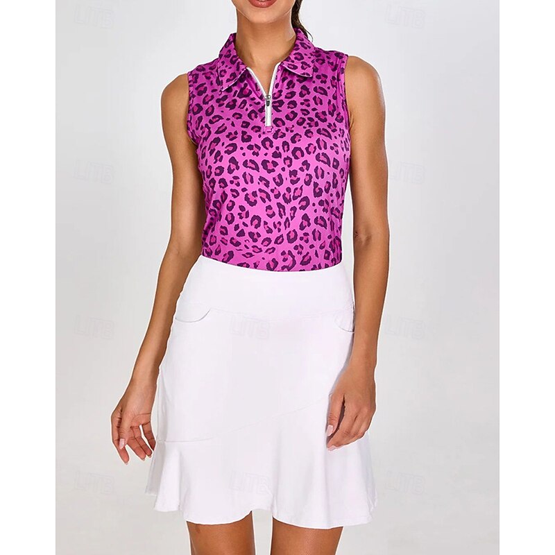 Women's Graphic Leopard Sport Shirt Golf Polo Shirt Tennis Shirt Sleeveless Zipper High Elasticity Moisture Wicking Breathable Tennis Golf Pickleball Turndown Zip Collar Shirt Top Rose Red Tennis2