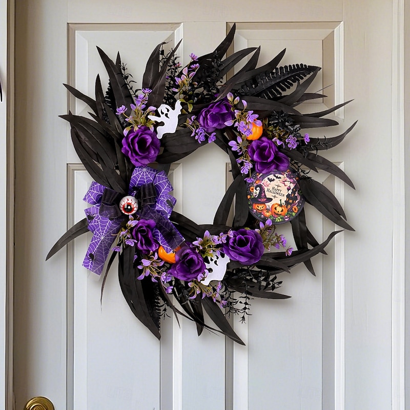Halloween Wreath For Front Door Indoor Outdoor Decoration Artificial Roses Wooden Sign Spooky Branches Vine Circle Horror Party Hanging Home Decor