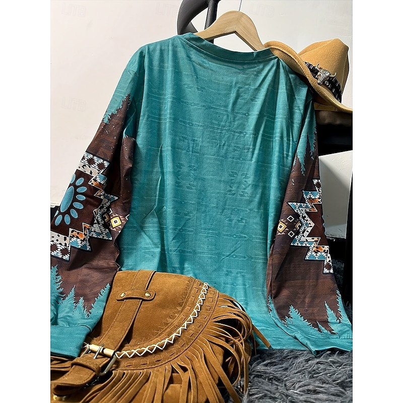 Women's Pullover Sweatshirt Graphic Geometric Tribal Warm Active Vintage Long Sleeve Crew Neck Regular Tops Street Dailywear Casual Patchwork Print Green Khaki Gray Spring Fall Winter3