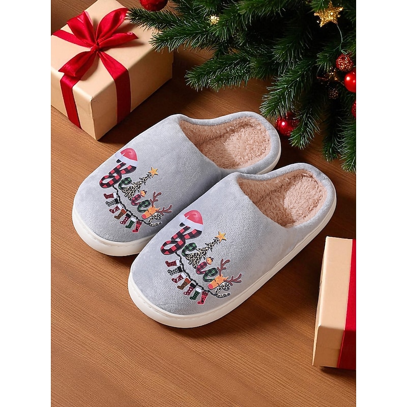 Women's Grey Christmas Slippers with Plush Lining and Believe Print – Warm Indoor Shoes for Holiday, Winter and Family Gatherings2