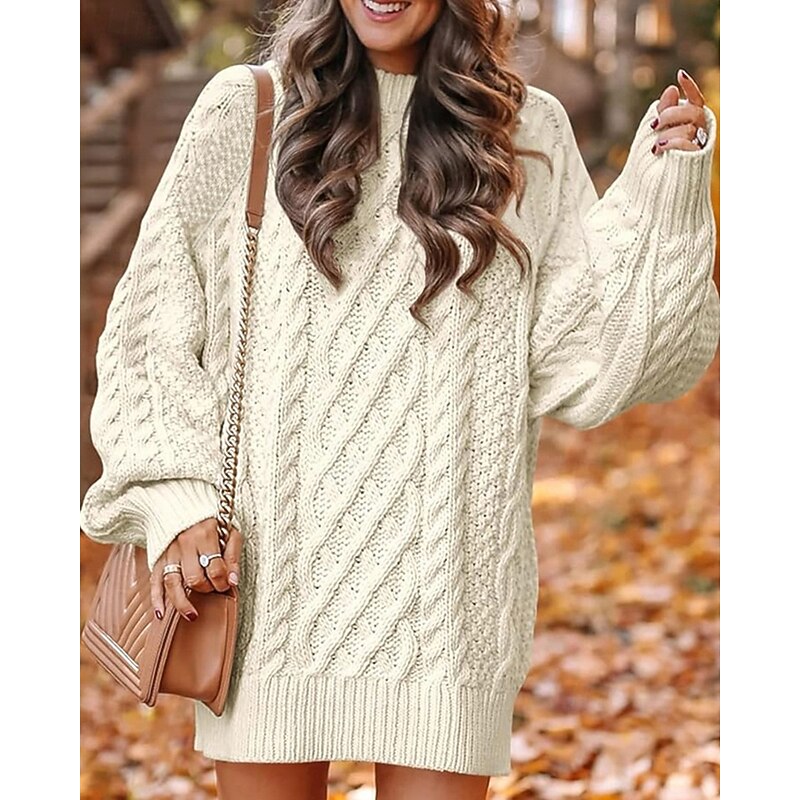 Women's Sweater Casual Soft Pure Color Ribbed Crew Neck Knitted Long Sleeve Regular Tops Long Tops Knit Outdoor Daily Weekend Apricot Fall Winter2