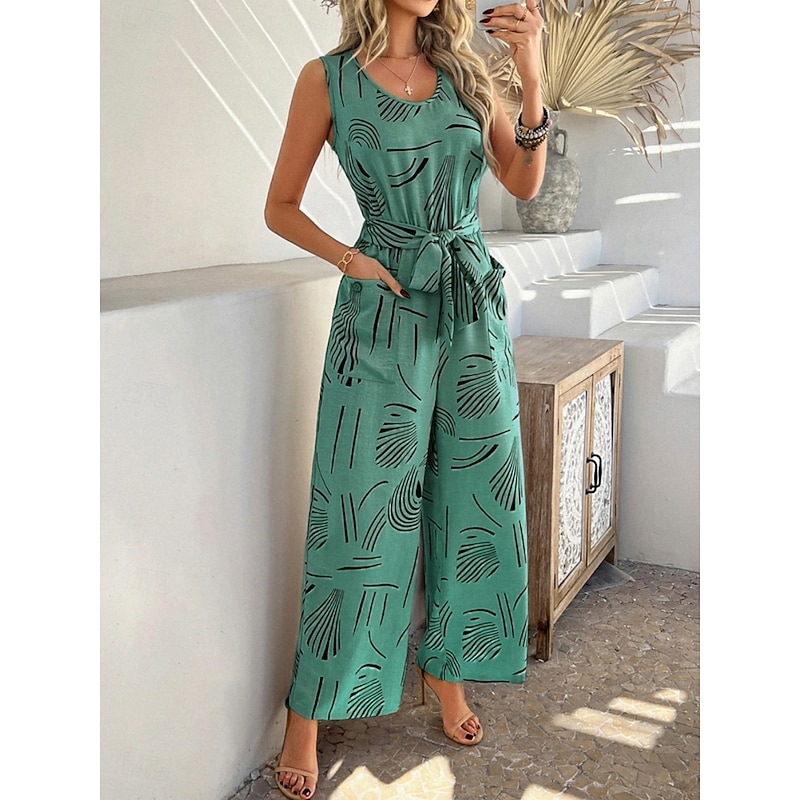 Women's Normal Jumpsuit Active Graphic Sleeveless Wide Leg U Neck High Waist Vacation Daily Regular Fit Black Red Green Summer4