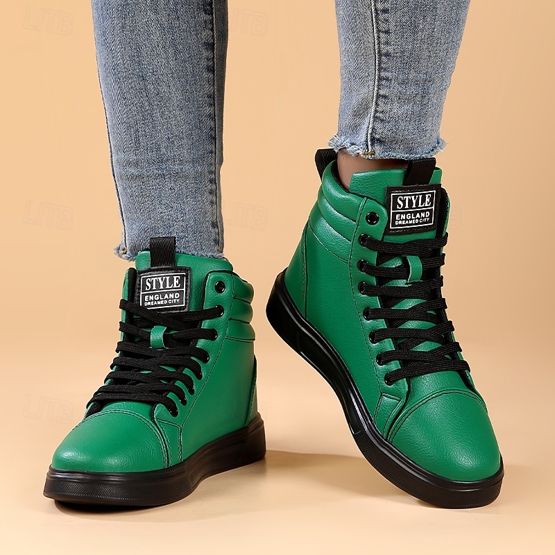 Men's Green Faux Leather High-Top Sneakers with Black Sole, Fashion Lace-Up Casual Shoes for Streetwear, Parties and Daily Wear2