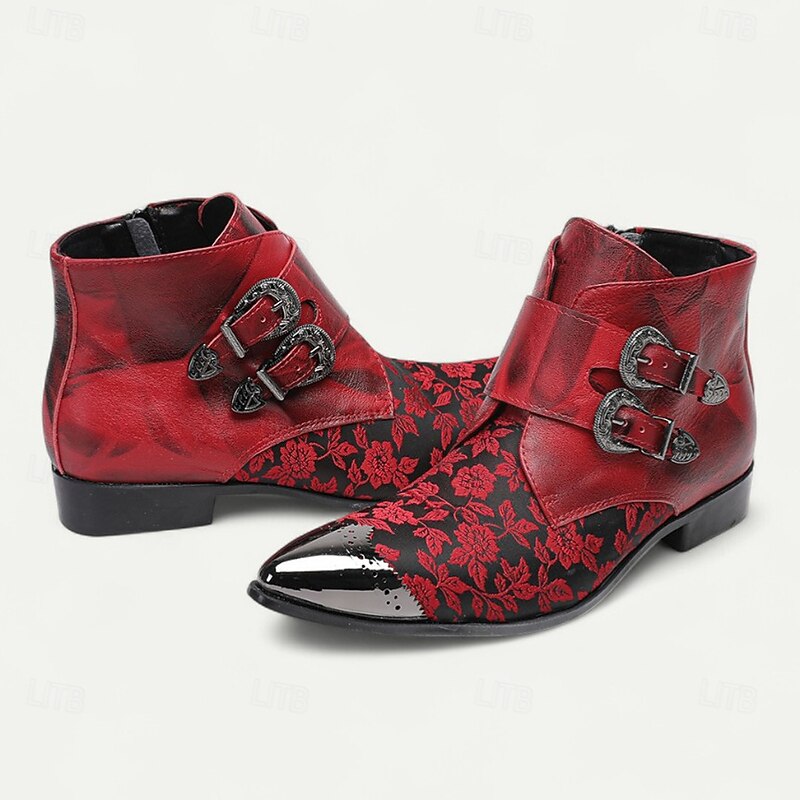 Men's Red Jacquard Double Monk Strap Boots – Gothic Baroque Style Leather Boots for Cosplay, Costume Parties and Nightlife Events2