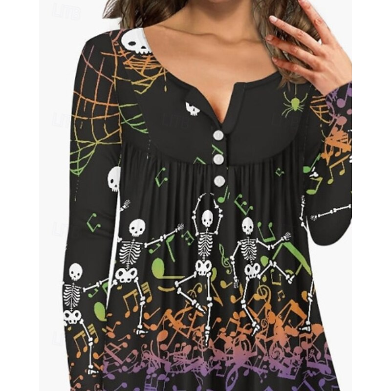 Women's Shirt Blouse Flower Modern Casual Long Sleeve V Neck Regular Tops Daily Going out Print Black Fall2