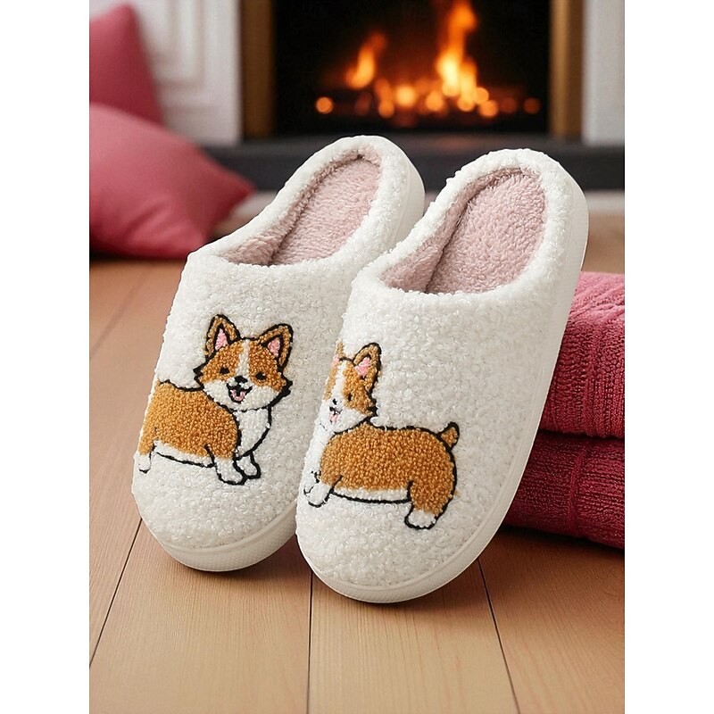 Women's White Faux Fleece Slippers with Cute Corgi Pattern– Cozy Indoor Winter House Shoes for Home, Bedroom and Lounge2