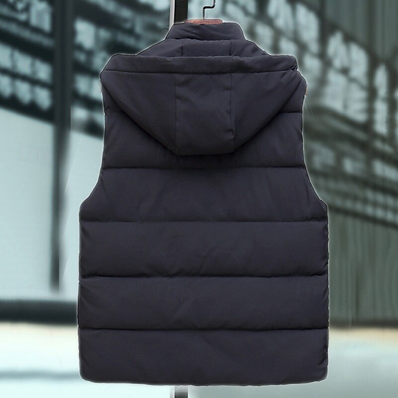 Men's Puffer Vest Vest Gilet Vacation Daily Date Fashion Casual Fall & Winter Pocket Polyester Warm Comfortable Solid Color Zipper Hooded Regular Fit Black Gray Vest4
