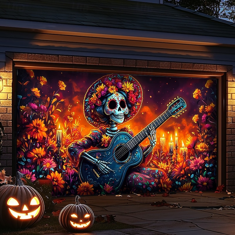 Day of the Dead Garage Door Cover Large Hanging Backdrop Marigold Dark Punk Gothic Style Party Outdoor Shooting Backgrounds Front Door Home Decor3