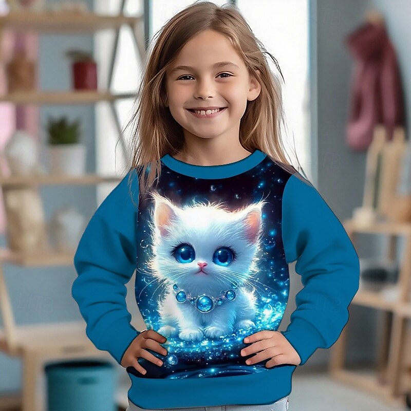Girls' 3D Cat Sweatshirt Long Sleeve Spring Fall Fashion Basic Kids 4-12 Years Crew Neck Outdoor Casual Daily Regular Fit2