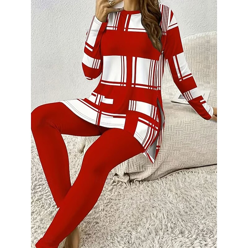 Women's Pajama Set Loungewear Round Neck Long Sleeve Casual Fashion Pants Sets Graphic Geometric Plaid Print Daily Daily Red Blue Green Spring Regular Fit3