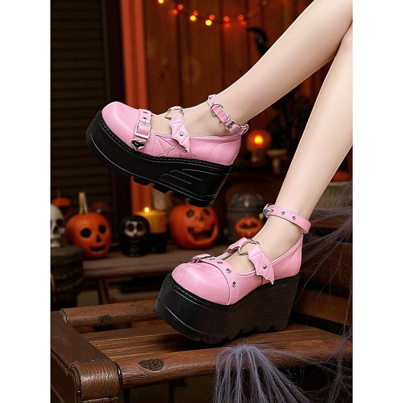 Women's Pink Platform Mary Jane Shoes – Gothic Punk Heart Buckle Bat Wing Details, Chunky Wedge Heel, Patent Faux Leather Footwear for Halloween, Cosplay and Alternative Fashion Events4