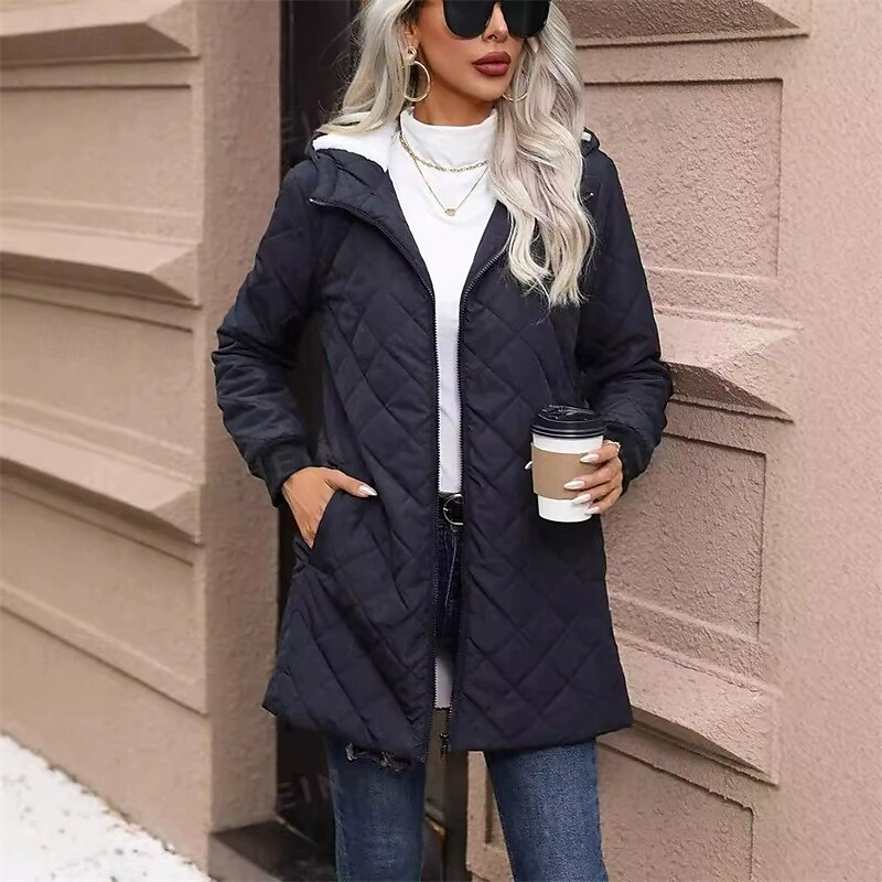 Women's Casual Jacket Warm Comfortable Zipper Pocket Fashion Outdoor Plain Going out Weekend Zipper Regular Hooded Regular Fit Long Sleeve Outerwear Black Fall Winter2