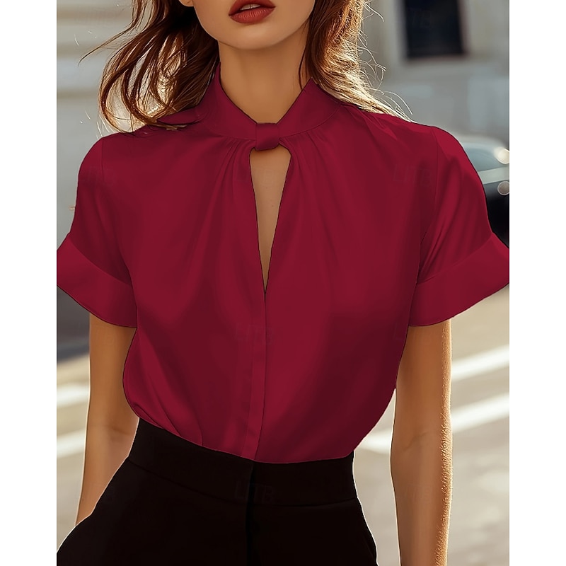 Women's Shirt Blouse Plain Stylish Modern Short Sleeve V Neck Regular Tops Holiday Going out Cut Out Black White Red Navy Blue Fall4