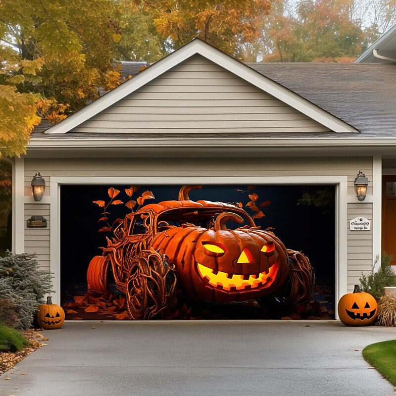 Halloween Garage Door Cover Large Hanging Backdrop Pumpkin Dark Punk Gothic Style Party Outdoor Shooting Backgrounds Front Door Home Decor2