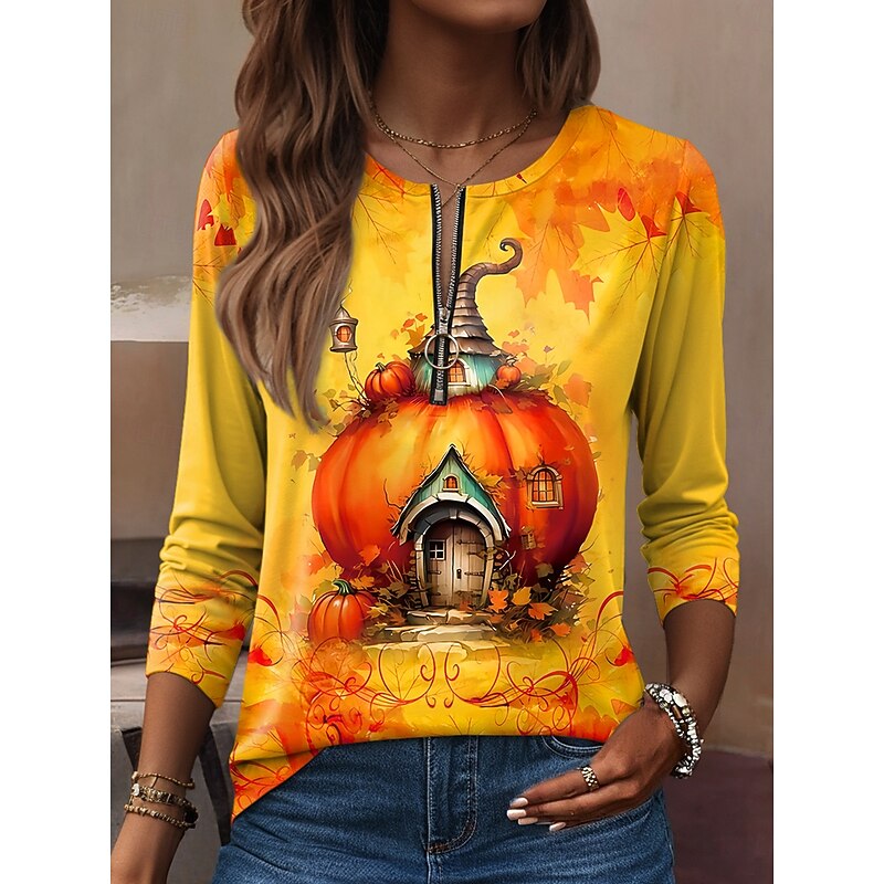 Halloween Women's T shirt Pumpkin Graphic Vintage Stylish Casual Long Sleeve Round Neck Regular Tops Daily Weekend Zipper Print Black Yellow Orange Spring Fall Winter3