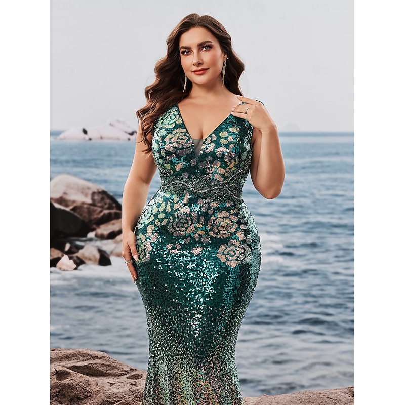 Sheath / Column Evening Mermaid / Trumpet Evening Evening Gown Elegant Formal Dress Evening Party Party Wear Long Length Sleeveless V Neck Bridesmaid Dress Sequined V Back with Sequin4