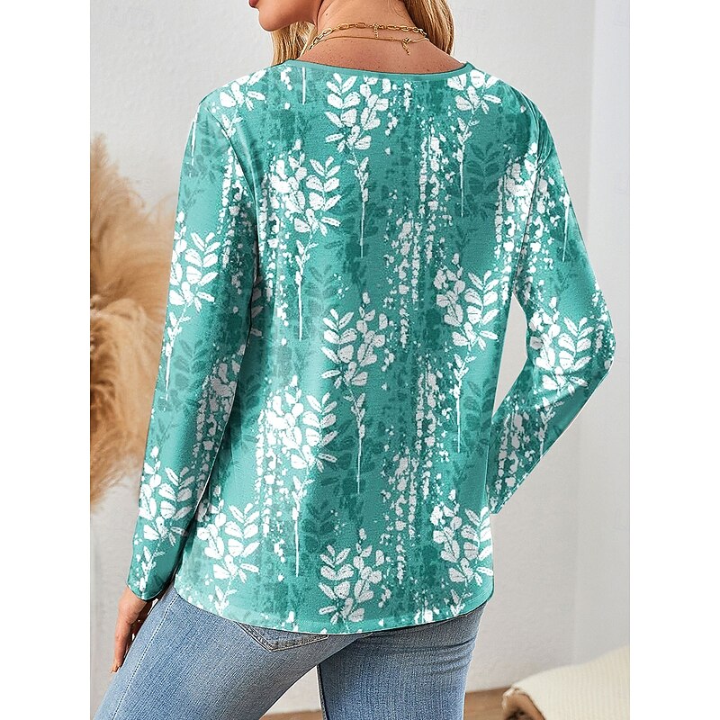 Women's T Shirt Ombre Floral Graphic Vintage Stylish Classic Long Sleeve V Neck Regular Tops Daily Cut Out Print Red Blue Purple Green Spring Fall2