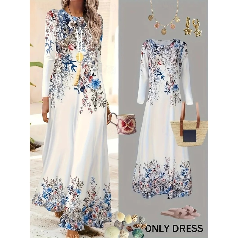 Women's Maxi Dress Sheath Dress A Line Dress Casual Boho Wedding Guest Daily Graduation Regular Fit Floral Graphic Long Sleeve Crew Neck White Spring Fall Winter Autumn2