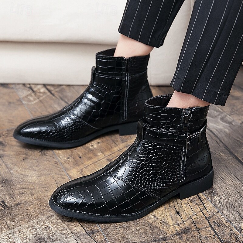 Men's Black Crocodile Pattern Side-Zip Boots, Faux Leather Punk Style Shoes for Night Out and Concerts2