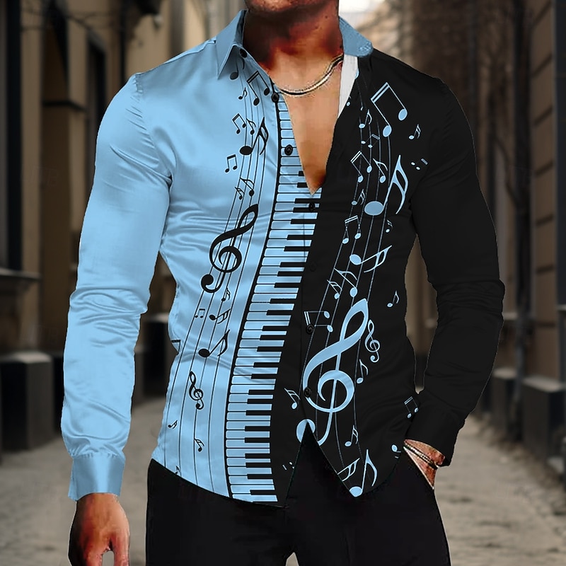 Men's Musical Notes Shirt Button Up Shirt Long Sleeve Casual Formal Summer Spring Fall Turndown Buttons Print White Blue Purple Apricot2