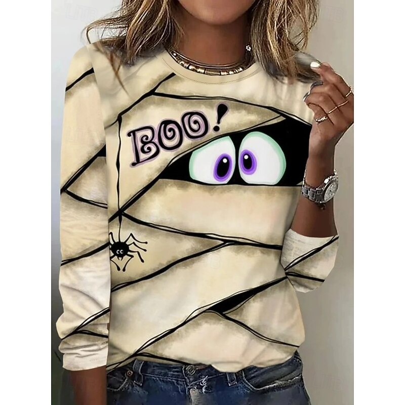 Halloween Women's T shirt Monster Crew Neck Long Sleeve Tunic Graphic Skeleton Vintage Stylish Classic Round Neck Regular Tops Daily Print Orange Fall