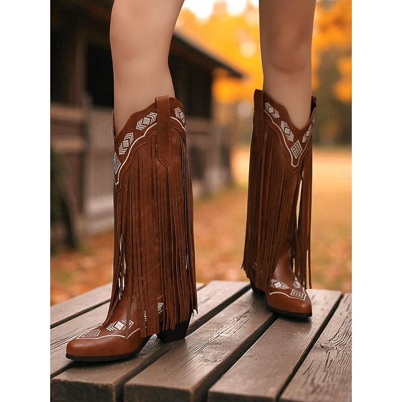 Women's Western Fringe Cowboy Boots – Brown Faux Leather Knee-High Boots with Embroidered Details, Retro Country Style for Rodeo, Fall Festivals & Farm Fashion3