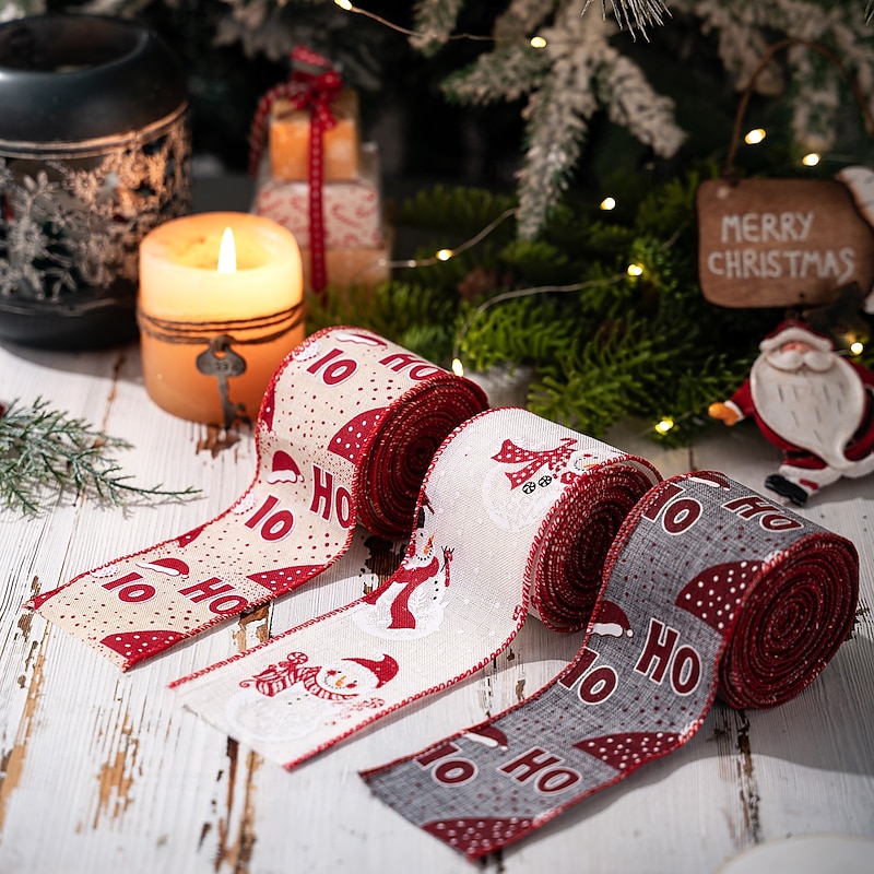 3 Rolls Christmas Wired Ribbons, HOHO Printed Christmas Ribbon for Gift Wrapping, Wreath, Tree Decoration, DIY Holiday Crafts