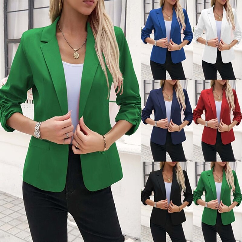 Women's Blazer Comfortable Breathable Pocket Buttons Casual Plain Office Street Casual Daily Wear Single Breasted Regular Turndown Regular Fit Long Sleeve Outerwear Black White Navy Blue Summer Spring