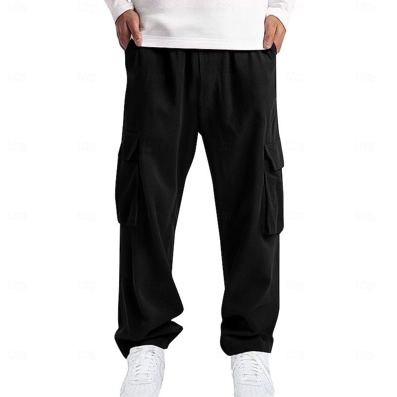 Men's Cargo Pants Corduroy Pants Trousers Baggy Pants Casual Pants Elastic Waist Multi Pocket Straight Leg Plain Comfort Full Length Outdoor Daily Going out Fashion Streetwear Black White Inelastic3