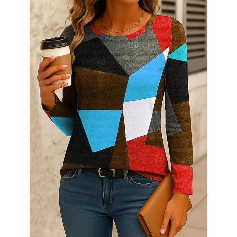 Women's T Shirt Graphic Geometric Color Block Vintage Stylish Classic Long Sleeve Crew Neck Regular Tops Daily Print Red Blue Orange Green Spring Fall Winter4