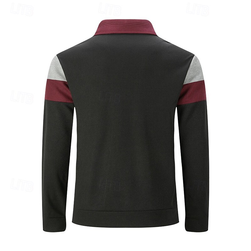 Men's Waffle Jacket Casual Jacket Vacation Daily Breathable Pocket Splice Spring Fall Color Block Fashion Classic Lapel Regular Wine Dark Green Brown Gray Jacket4